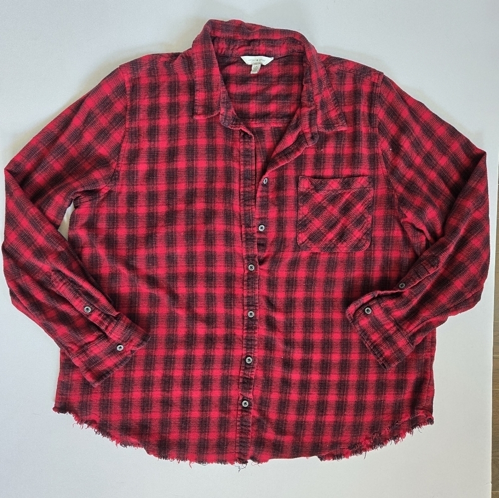 Lucky Brand red Plaid Flannel Button Down cotton Shirt Women's Sz Lg